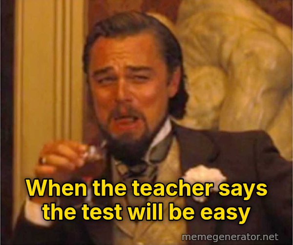 Laughing Leo meme: When the teacher says the test will be easy